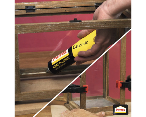 Aufgetragenes Pattex Kraftkleber Classic auf Holzrahmen