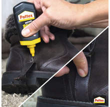 Auftragen von Pattex Repair 100 Prozent Klebstoff auf einen beschädigten Lederstiefel