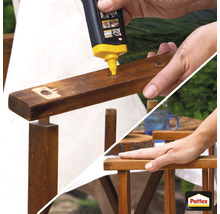 Holzreparatur mit Holzreparaturmasse auf einem Holzstuhl, Pattex Logo