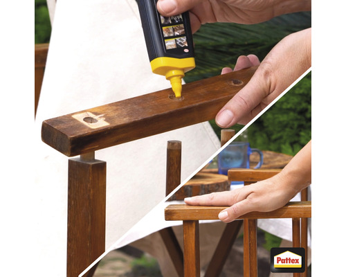 Holzreparatur mit Holzreparaturmasse auf einem Holzstuhl, Pattex Logo
