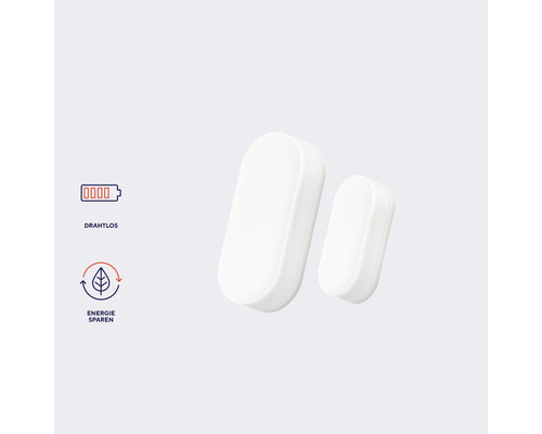 Weißer Fenstersensor mit den Symbolen für kabellose Funktion und Energiesparen