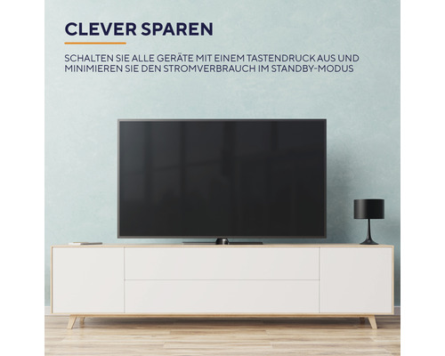 Wohnzimmer mit Fernseher auf einem weißen Lowboard und dem Text Clever Sparen