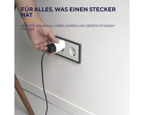 Eine Hand steckt einen Stecker in eine Steckdose an einer Wand