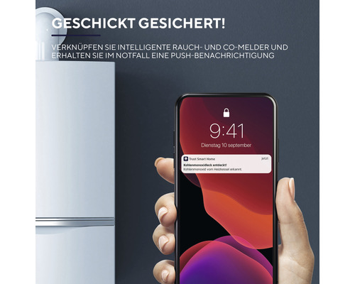 Ein Smartphone zeigt eine Push-Benachrichtigung von einem Rauch- und Kohlenmonoxidmelder.