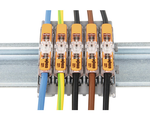 Fünf Wago 221 Klemmen mit verschiedenen farbigen Kabeln auf einer Hutschiene