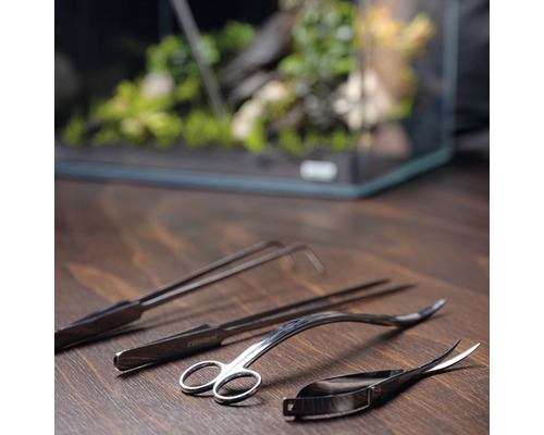 Werkzeuge für die Aquariengestaltung auf einem Holztisch