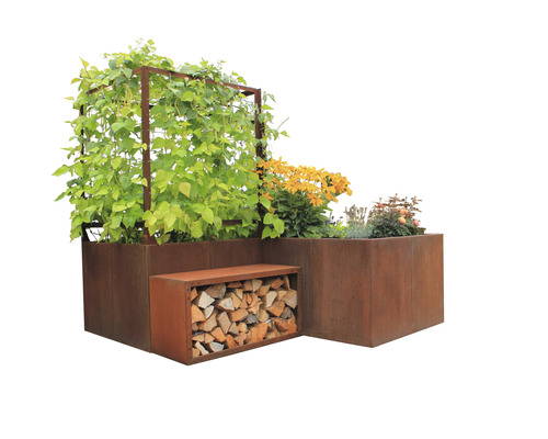 Hochbeet mit Rankgitter, Bank und Holz