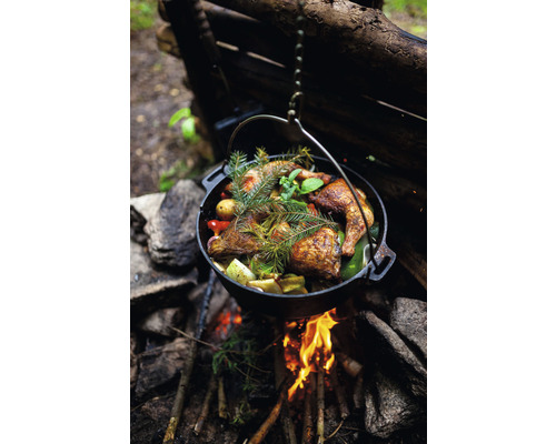 Kessel mit Hähnchen und Gemüse über einem Lagerfeuer