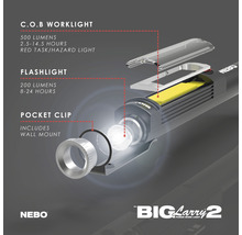 NEBO Big Larry 2 Arbeitsleuchte mit C.O.B. Arbeitslicht, Taschenlampe und Taschenclip