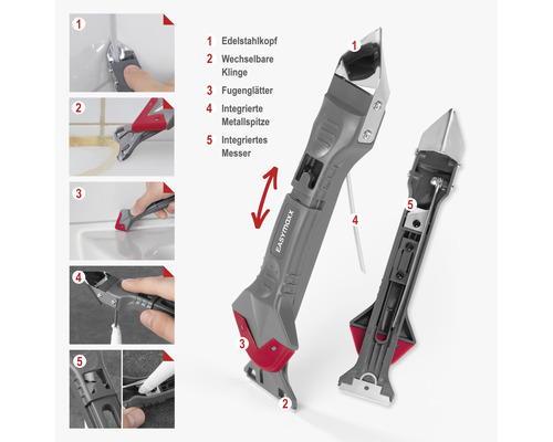 Fugenwerkzeug mit Edelstahlkopf, wechselbarer Klinge, Fugenglätter, integrierter Metallspitze und integriertem Messer