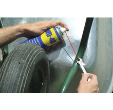 WD-40 Multifunktionsprodukt wird auf eine Schubkarre aufgesprüht.