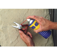 WD-40 Multifunktionsprodukt wird auf eine Zange gesprüht