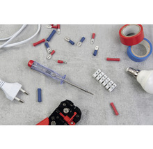 Verschiedene Elektroinstallationsmaterialien, darunter Aderendhülsen, eine Lüsterklemme, Isolierband, eine Glühbirne, ein Phasenprüfer, eine Abisolierzange und ein Stecker.