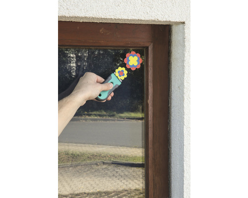 Hand mit Glasschaber entfernt Aufkleber von Fenster