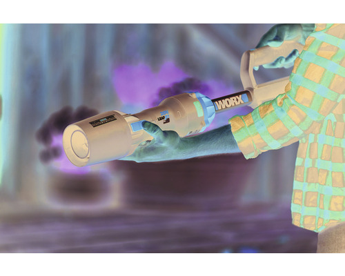 Person hält einen Laubbläser der Marke WORX