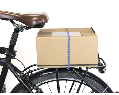 Paket auf einem Fahrradgepäckträger mit einem Gepäckspanner befestigt.
