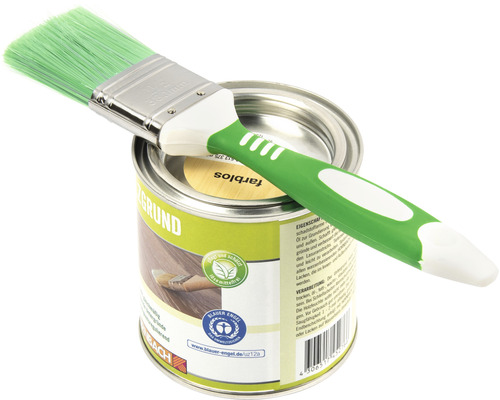 Farbdose mit Öl Grundierung und Pinsel