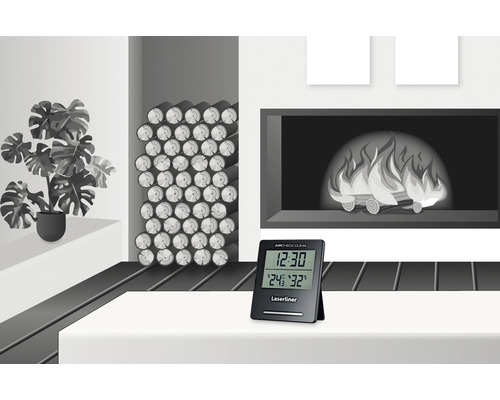 Innenraumszene mit Pflanze, Holzstapel, Kamin und Laserliner Aircheck Clima Raumklimamessgerät