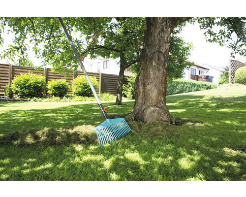 Garten mit Rasen, Baum und Rechen zur Gartenarbeit