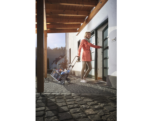 Frau betritt mit Einkaufstrolley ein Haus