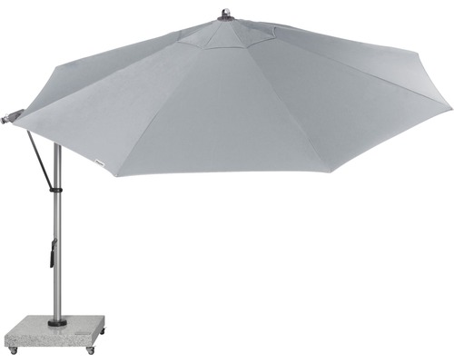 Grauer Sonnenschirm mit Ständer für den Außenbereich
