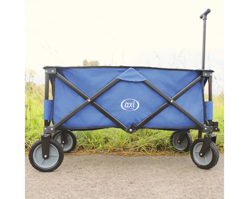 Blauer Bollerwagen mit Griff und vier Rädern