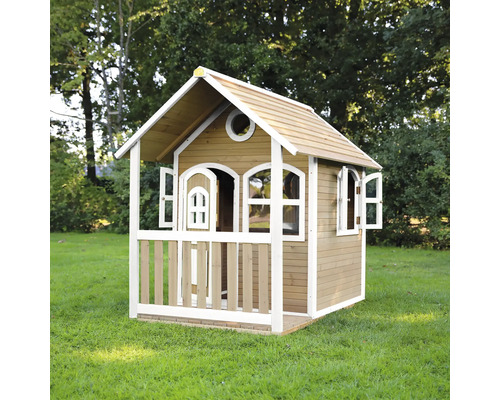 Spielhaus aus Holz mit Tür und Fenstern im Garten