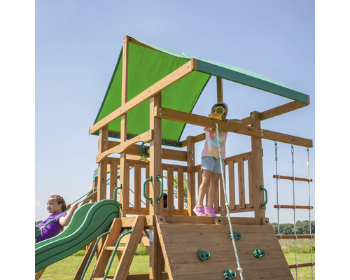 Spielturm aus Holz mit Rutsche, Kletterwand und Aussichtsplattform für Kinder