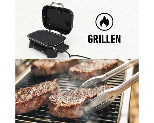 Elektrischer Grill mit Grillgut und Symbol zum Grillen