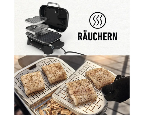Elektrogrill mit Räuchereinsatz und Räuchersymbol