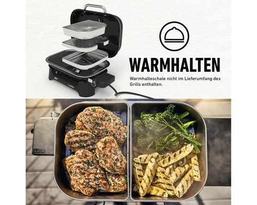 Elektrogrill mit Warmhaltefunktion und zubereitetem Grillgut