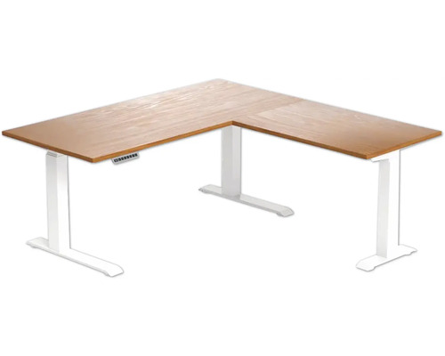 Eckschreibtisch mit Holzplatte und höhenverstellbarem, weißem Gestell