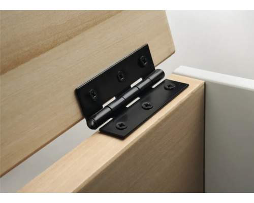 Scharnier aus Metall an einem Holzschrank