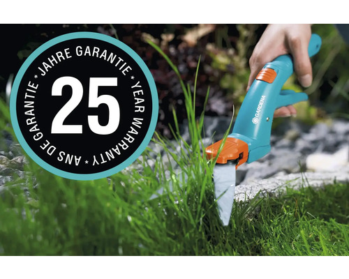 Gardena Akku Grasschere schneidet Gras mit 25 Jahre Garantie Siegel