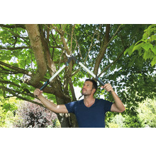 Mann schneidet Äste mit einer Astschere im Garten.