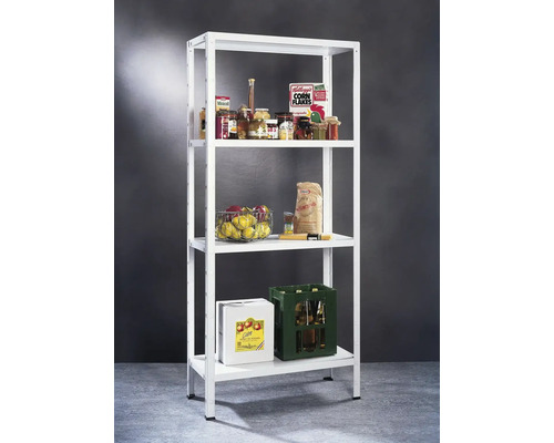 Weißes Regal mit vier Ablagen und Lebensmitteln