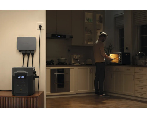 Raumszene mit Kraftwerk, Verteiler und Person in einer Küche