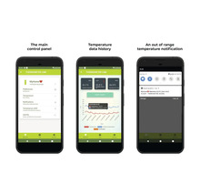 Drei Smartphone-Bildschirme zeigen die Thermometer Link App, inklusive Hauptmenü, Temperaturdaten und Benachrichtigungen.