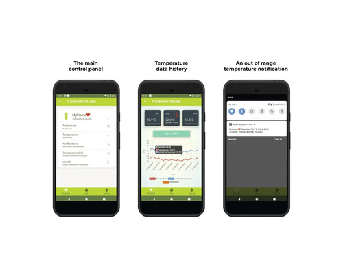 Drei Smartphone-Bildschirme zeigen die Thermometer Link App, inklusive Hauptmenü, Temperaturdaten und Benachrichtigungen.