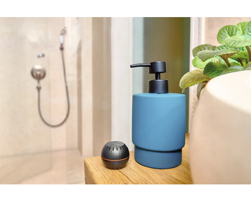 Badezimmer Szene mit Seifenspender und Aromatherapie Diffuser auf einem Holztisch