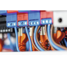 Detailaufnahme von elektrischen Verbindungen mit Klemmen und Kabeln