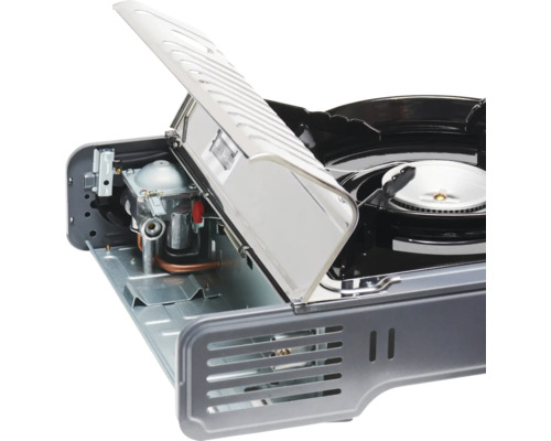 Gaskocher mit geöffnetem Deckel zur Ansicht der Gaszufuhr