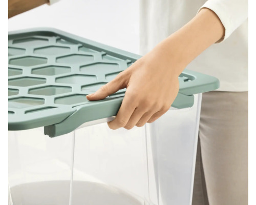 Person schließt einen transparenten Aufbewahrungsbehälter mit einem Deckel.