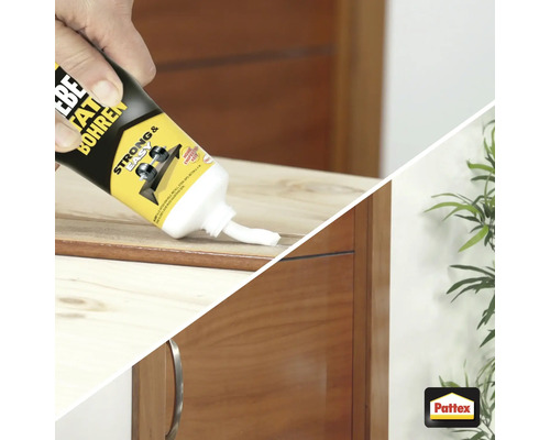 Eine Person trägt Montagekleber auf ein Möbelstück auf.