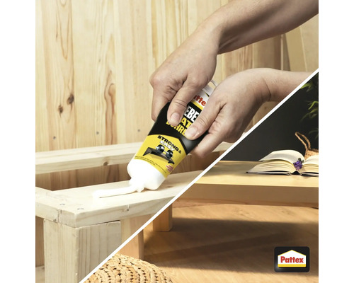 Anwendung von Montagekleber zum Verkleben von Holzteilen. Pattex Logo.