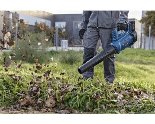 Person benutzt einen Akku-Laubbläser von Bosch im Garten, um Laub zu entfernen.
