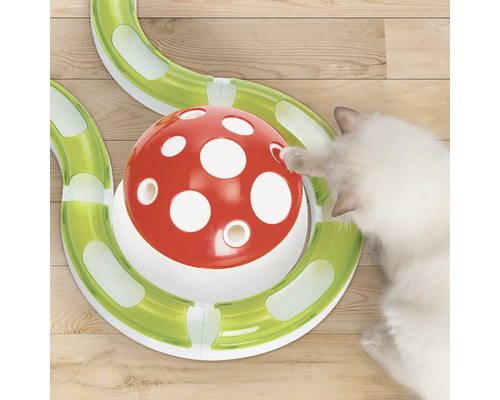 Katze spielt mit interaktivem Katzenspielzeug mit Ball und Schienen