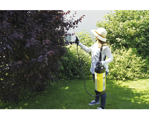 Frau benutzt eine Gartenspritze zur Schädlingsbekämpfung im Garten.