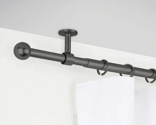 Vorhangstange mit Endknopf und Gardinenringen zur Deckenmontage