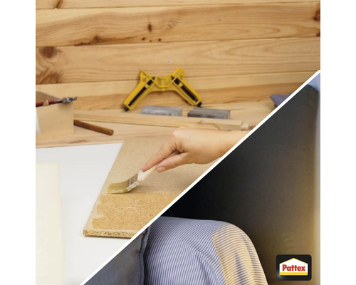 Auftragen von Holzleim mit einem Pinsel auf ein Holzbrett mit einer gelben Eckzwinge im Hintergrund